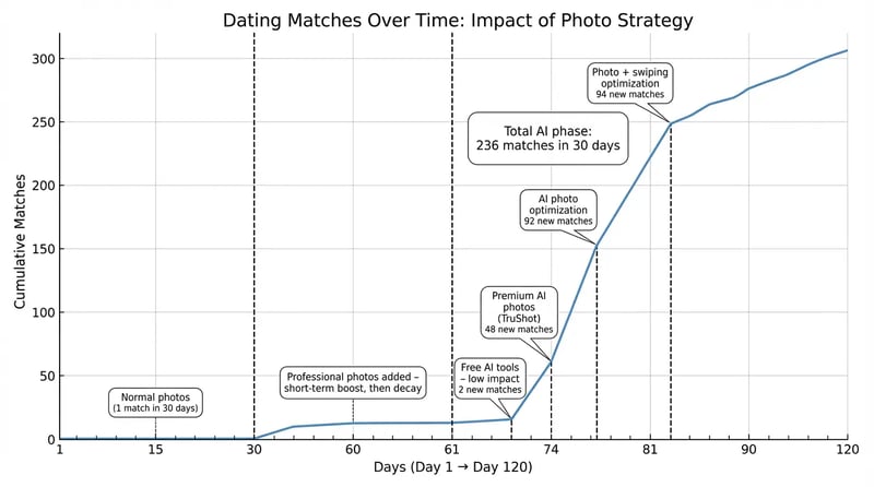 Dating app match improvement timeline showing progression from zero matches in 62 days to 236 matches in 30 days using AI dating photos