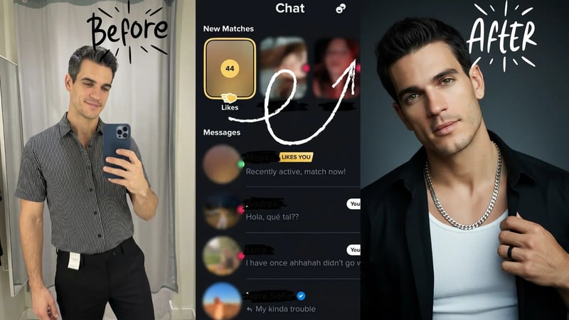 dating profile photos for men comparison showing before and after photo quality improvement with match rate statistics