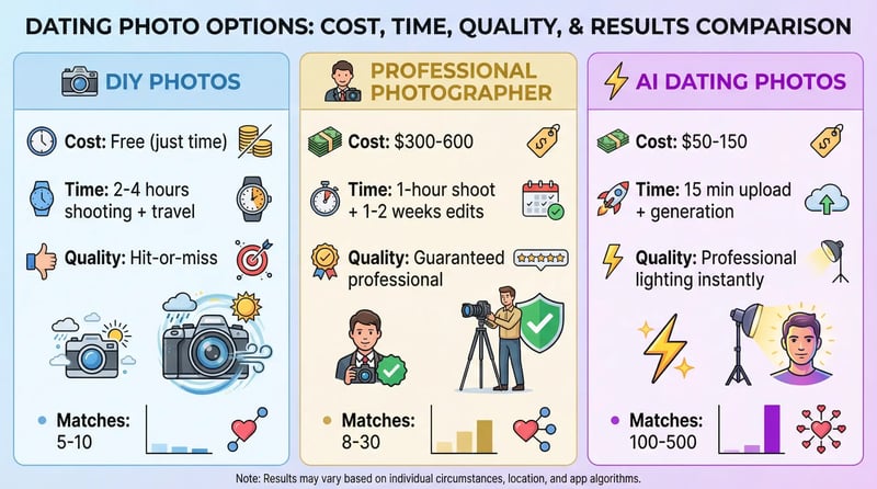 comparison chart showing DIY vs Professional vs AI dating photo options with costs, timeframes, and quality levels