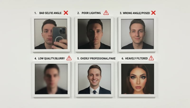 Common Tinder profile picture mistakes including bad selfies poor lighting wrong angles and staged professional photos that reduce swipe right rates and dating app matches