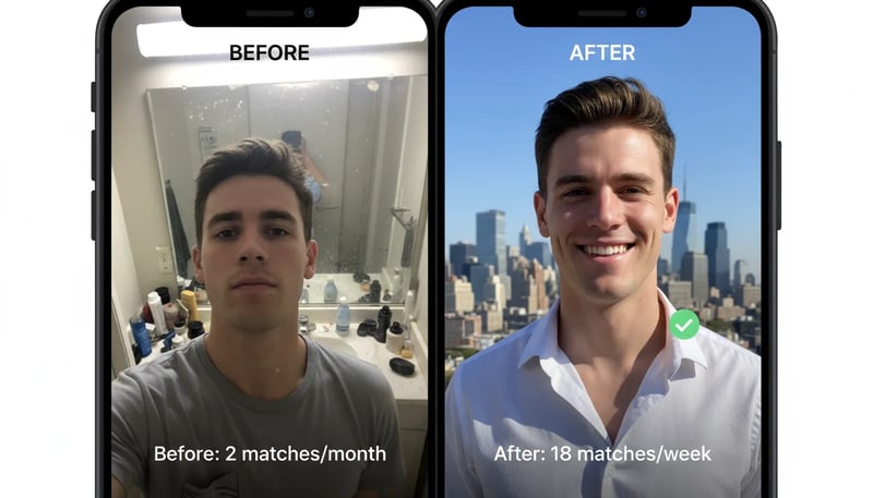 Before and after comparison showing Tinder profile photo transformation from low quality selfies to professional AI generated dating photos resulting in higher match rates
