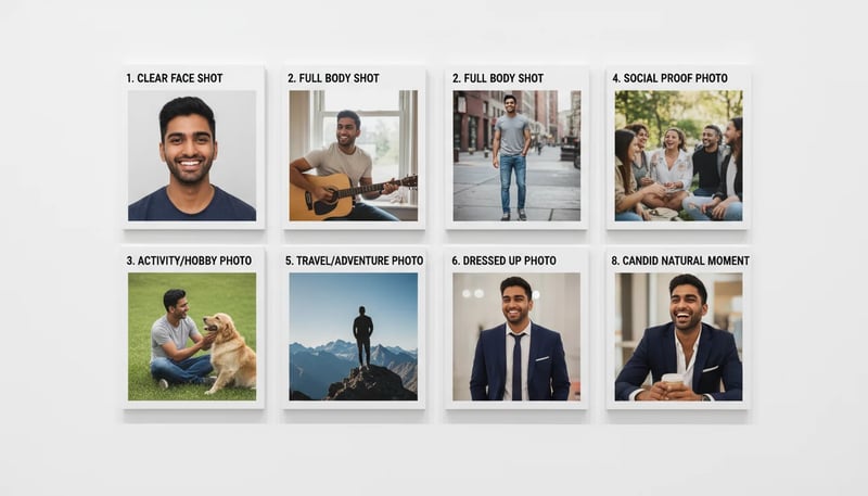 Visual guide showing the 8 essential Tinder photo types including clear face shot full body activity hobby social proof and candid moment examples for dating profile optimization