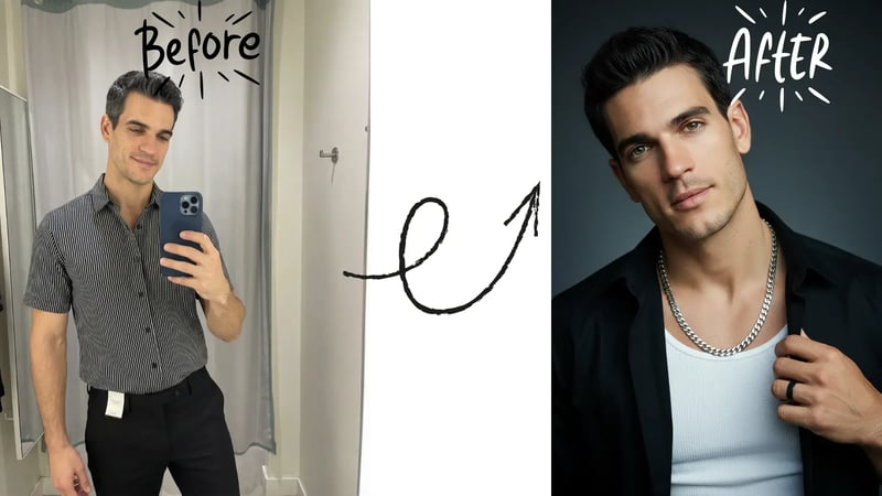 Before/after comparison: transformation from weak bathroom selfie to optimized outdoor portrait with proper lighting