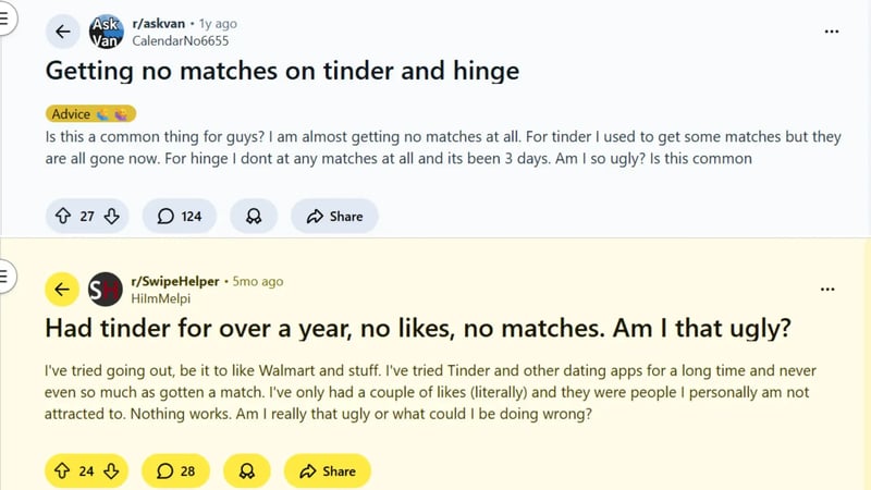 Reddit users discussing Tinder no matches and invisibility on the app