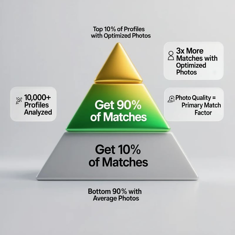 Illustration of intense dating app competition on Tinder showing how top 10 percent of profiles with optimized photos get 90 percent of matches while average profile pictures get ignored