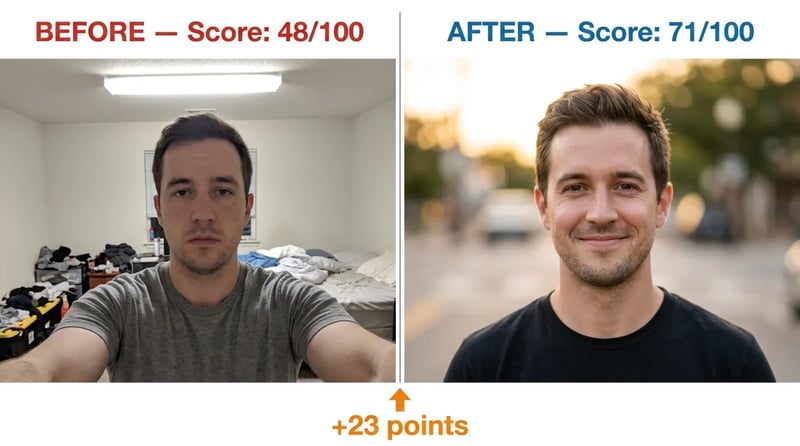 Before and after comparison showing improved dating profile photo score after lighting and composition fixes