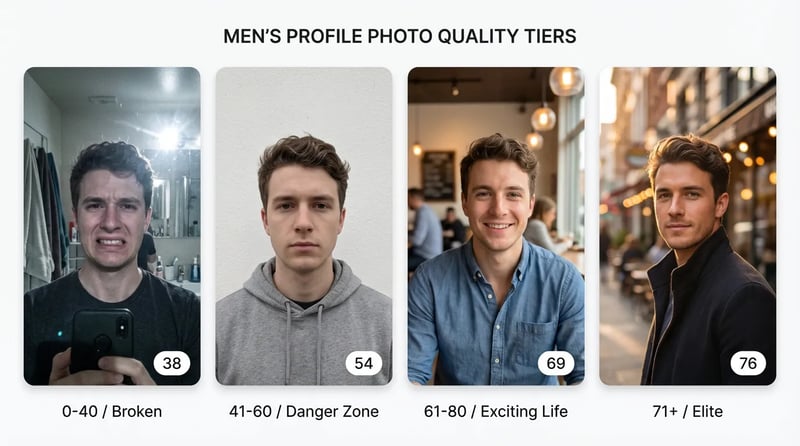 Four examples of dating profile photo tiers showing lighting expression and composition differences