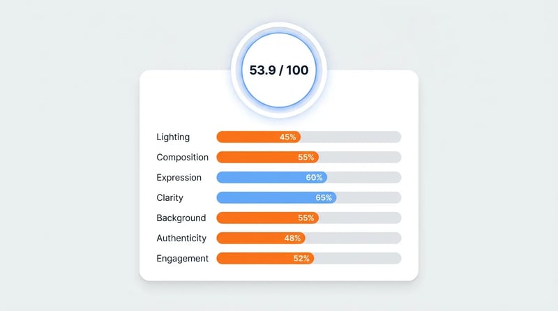 AI scoring rubric showing 7 photo quality metrics used to evaluate dating profile photos