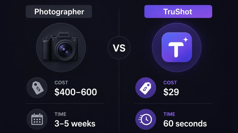 Side by side comparison infographic showing dating profile photographer session costing 400 to 600 dollars and taking 3 to 5 weeks versus AI dating photos at 29 dollars delivered in 60 seconds