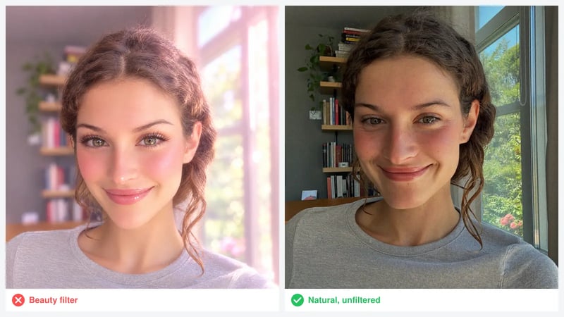 bad vs good dating profile picture: a heavy beauty filter with plastic skin and enlarged eyes next to a natural unfiltered window-light photo of the same woman