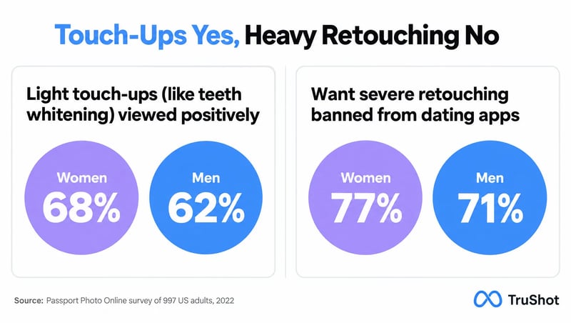 infographic showing most daters accept light touch-ups but most want severe retouching banned from dating apps