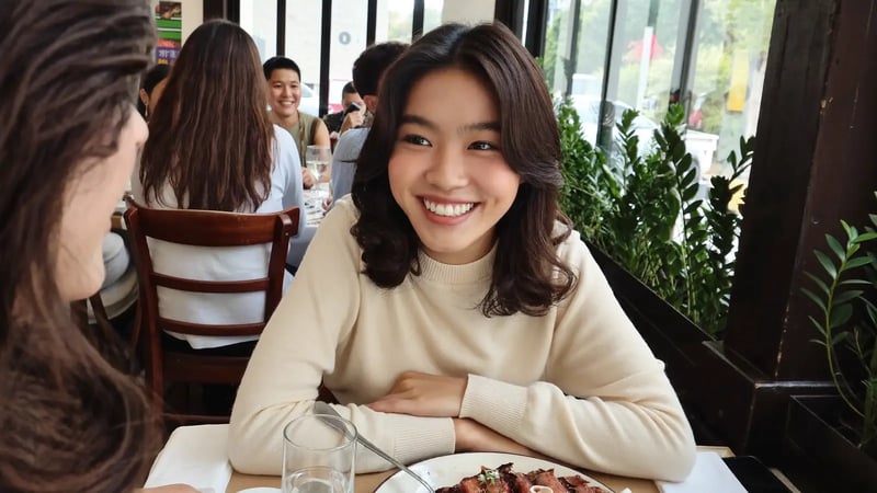 woman smiling across a restaurant table at lunch in soft window light as a good dating profile headshot example