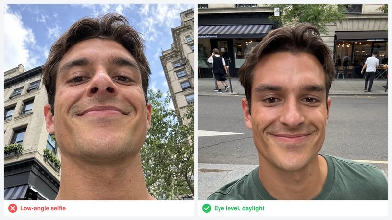 bad vs good dating profile picture: a low-angle selfie that distorts the face next to an eye-level photo of the same man in natural light