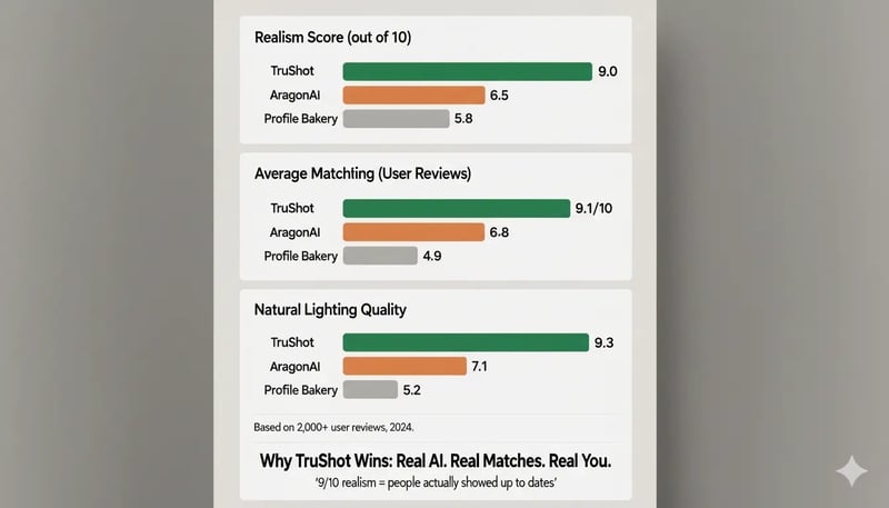 Chart comparing AI dating photo tool performance showing TruShot leading with 9 out of 10 realism score and 15 to 20 average matches versus competitors Aragon AI and Profile Bakery