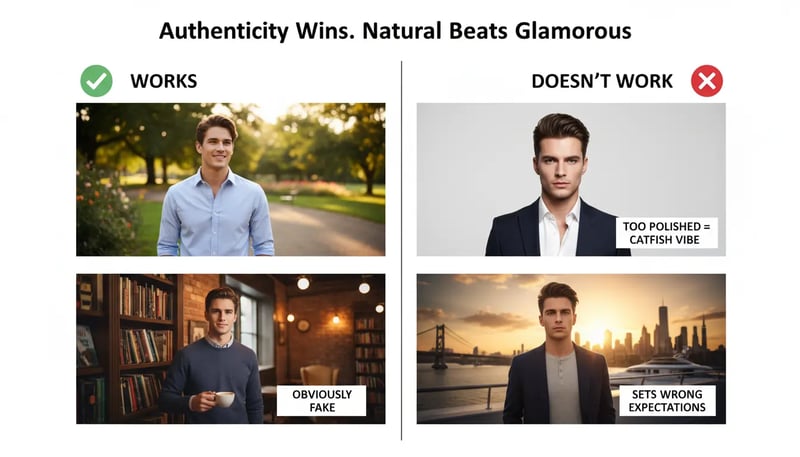 Side by side comparison showing free AI photo quality with plastic skin texture and blurred fake background versus premium AI quality with natural skin pores and sharp realistic background details