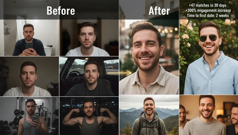 Before and after transformation grid showing original bathroom selfies converted to AI generated outdoor photos with natural lighting and varied settings resulting in 47 matches in 30 days