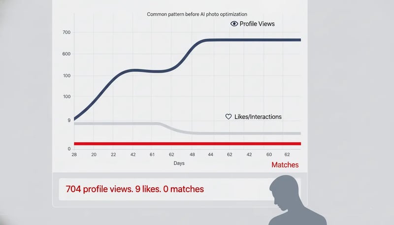 Graph showing 704 Tinder profile views, 9 likes, and zero matches over 62 days demonstrating poor dating app performance before AI photo optimization and highlighting the importance of quality dating photos