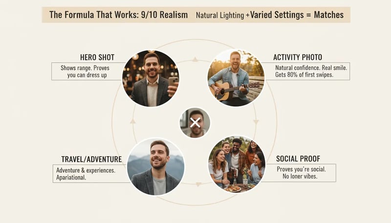 Visual breakdown of the 5 photo formula for dating apps showing hero shot with natural smile, activity photo for personality, social proof with friends, travel adventure photo, and dressed up versatility shot