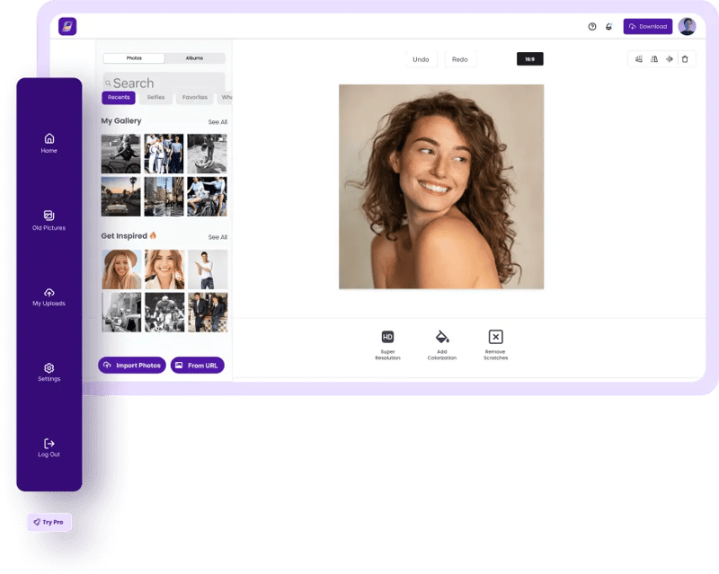 Face26 interface showing AI photo enhancement tools for upscaling and colorization