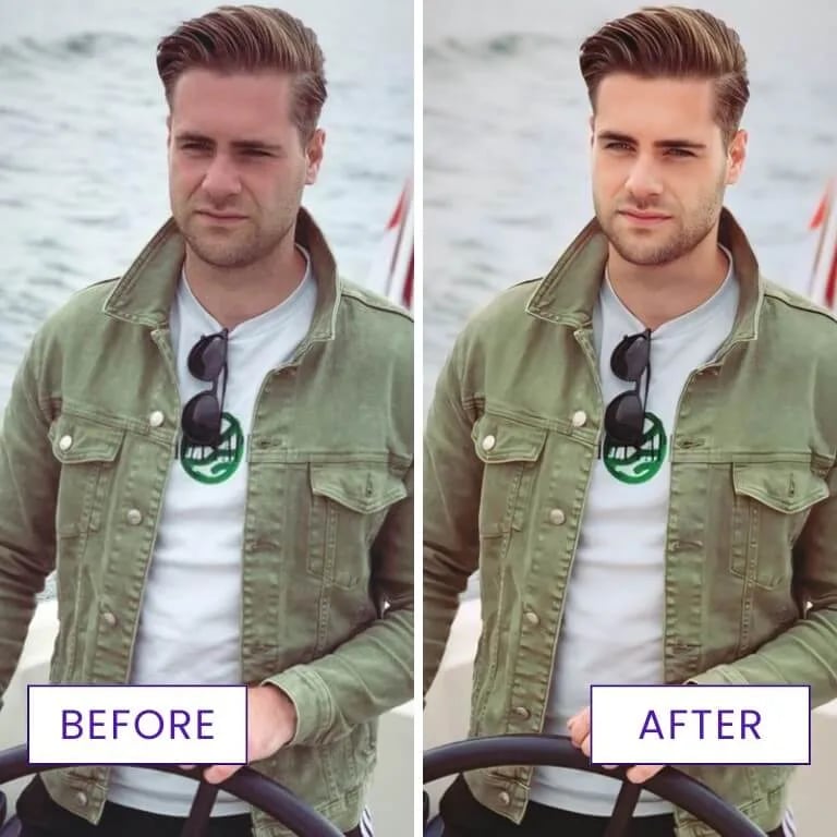 Before and after Face26 enhancement showing photo upscaling and sharpening results