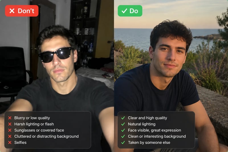 Comparison of a bad Tinder lead photo with harsh flash and cluttered background versus a good lead photo with natural light and a genuine expression