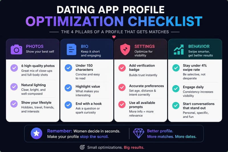 Tinder profile optimization checklist covering photos, bio, settings, and behavior categories for men