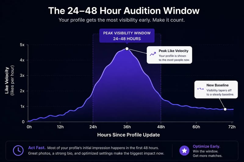 Chart showing the spike in Tinder like velocity during the 24 to 48 hour visibility window after a profile photo update, tapering to a new baseline