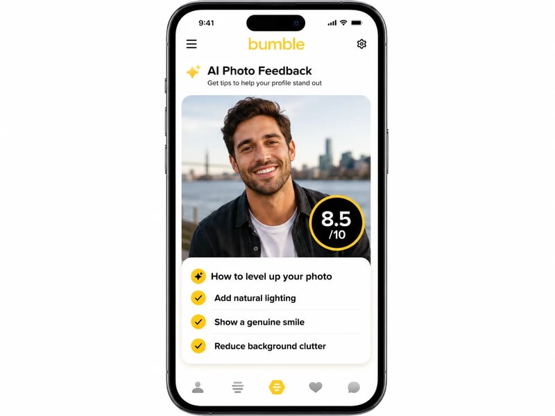 Bumble photo feedback tool showing AI analysis of profile photos with scoring and improvement suggestions