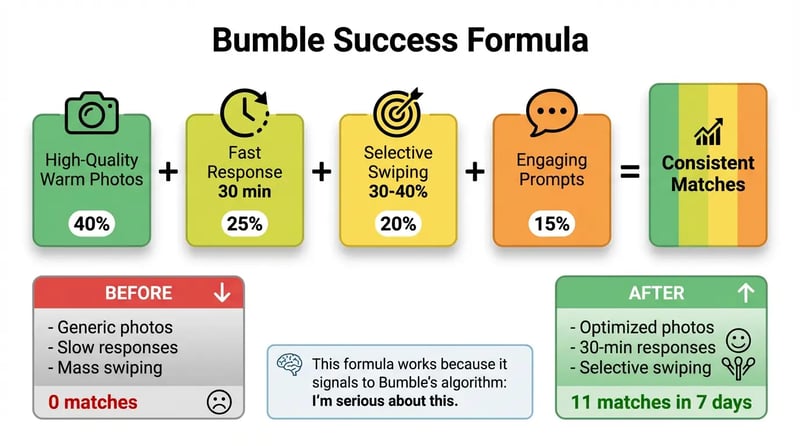 Bumble success formula - photos + engagement + selectivity