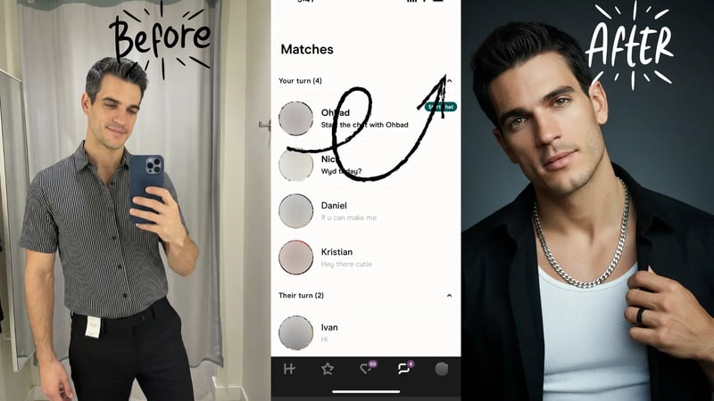 Bad vs good Hinge photos showing the difference between relationship-focused and dismissable approaches