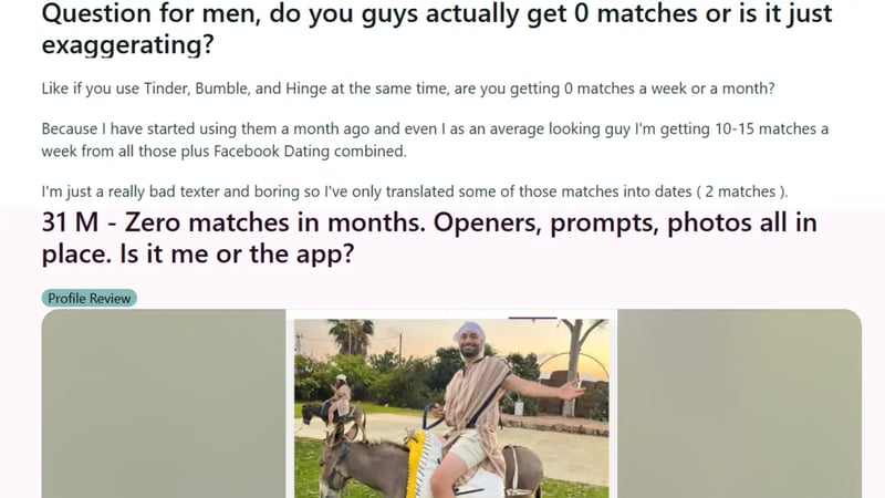 Reddit user expressing frustration about getting zero matches on Hinge despite having good photos