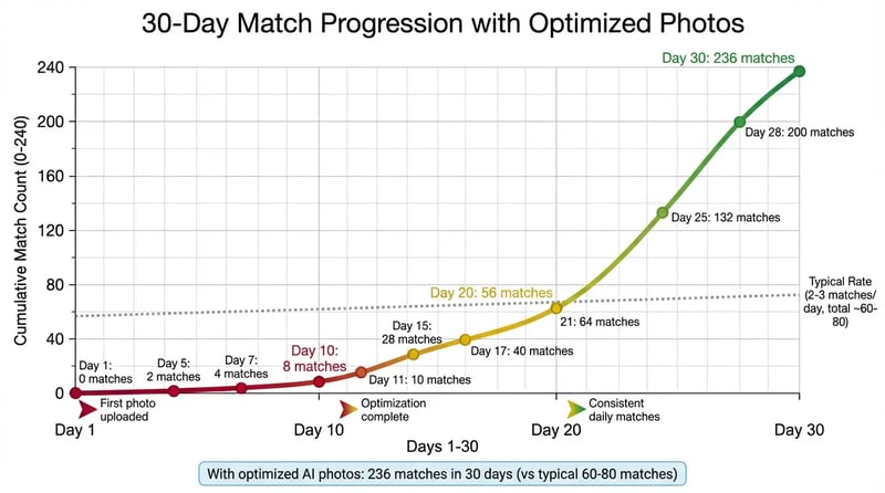 Timeline visualization of Tinder recovery results showing progression from zero matches through first matches to consistent daily matches over weeks