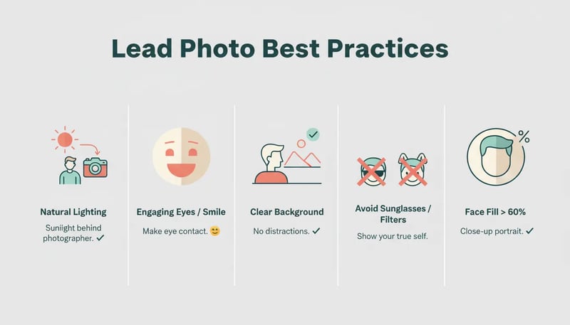 Infographic showing lead photo best practices with examples of good lighting, genuine smiles, and clear backgrounds