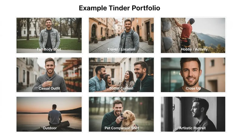 Example grid of complete Tinder photo portfolio showing variety in setting, outfit, and activity
