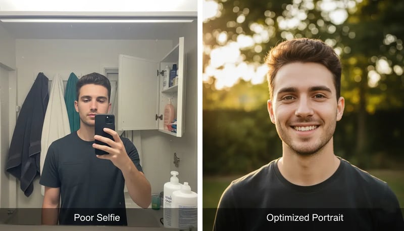 Side-by-side comparison of poor bathroom selfie versus optimized outdoor portrait with natural lighting