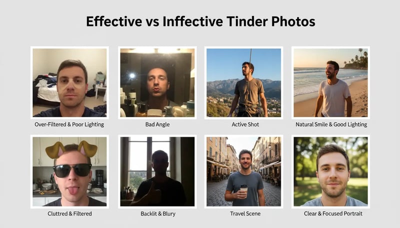 Grid showing examples of effective versus ineffective Tinder profile photos with lighting and composition tips