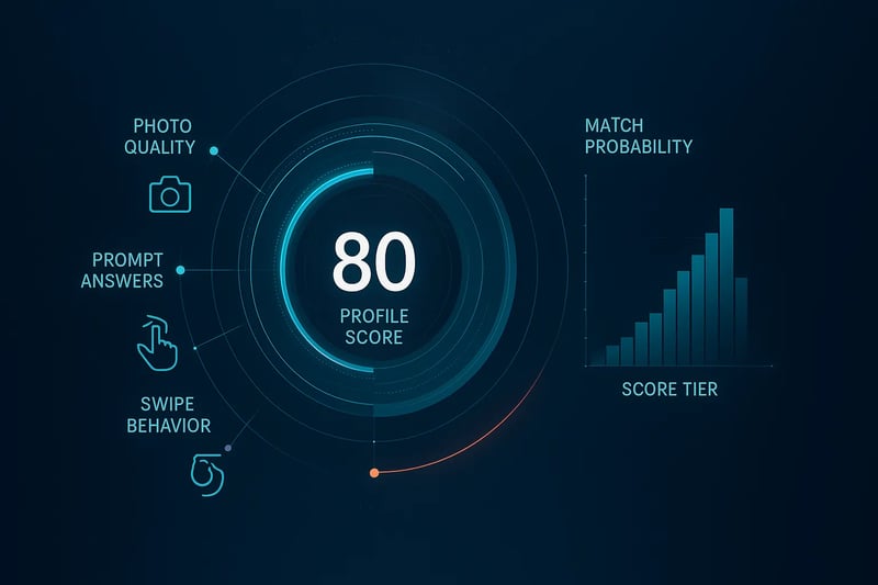 Digital visualization of Tinder algorithm showing profile scoring and match distribution system
