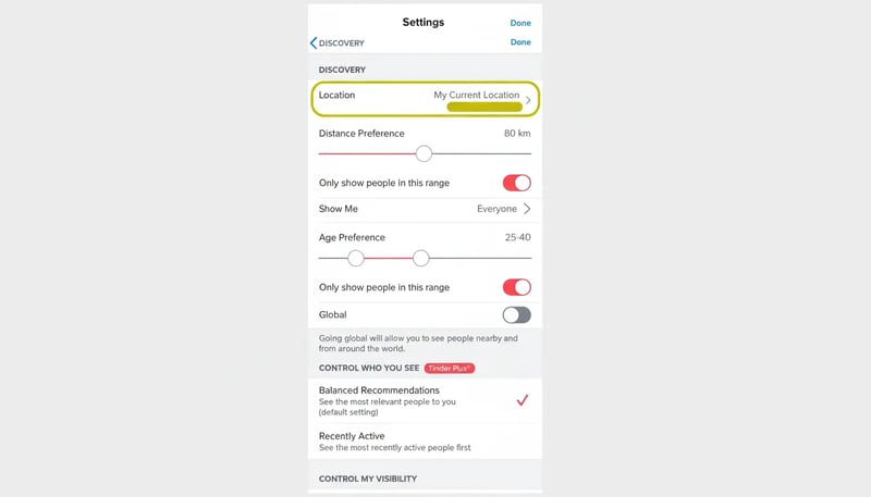 Screenshot of optimal Tinder settings interface showing distance, age range, and discovery preferences